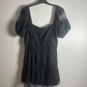 Free People Black Lace Square Neck Puff Sleeve Mini Dress Boho Festival